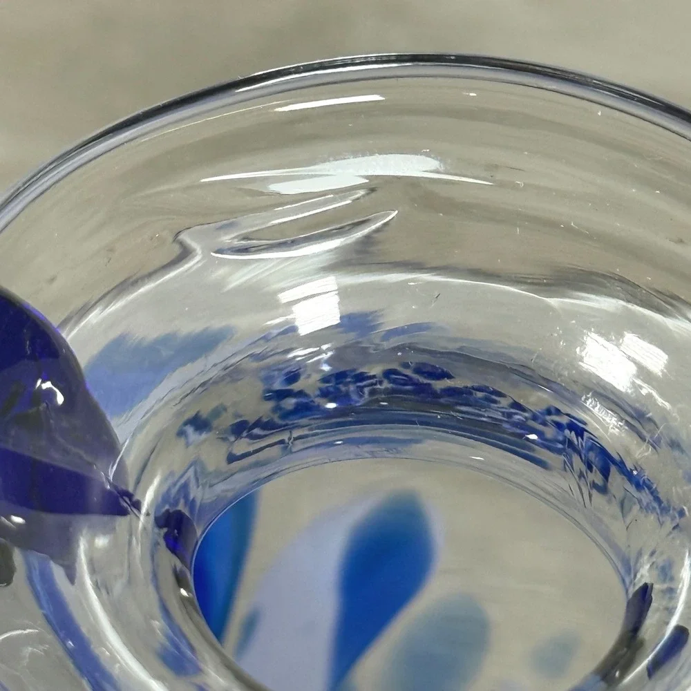 Vintage Italian Art Glass Vase Blue White Pulled Decoration Cobalt Handles 7.5
